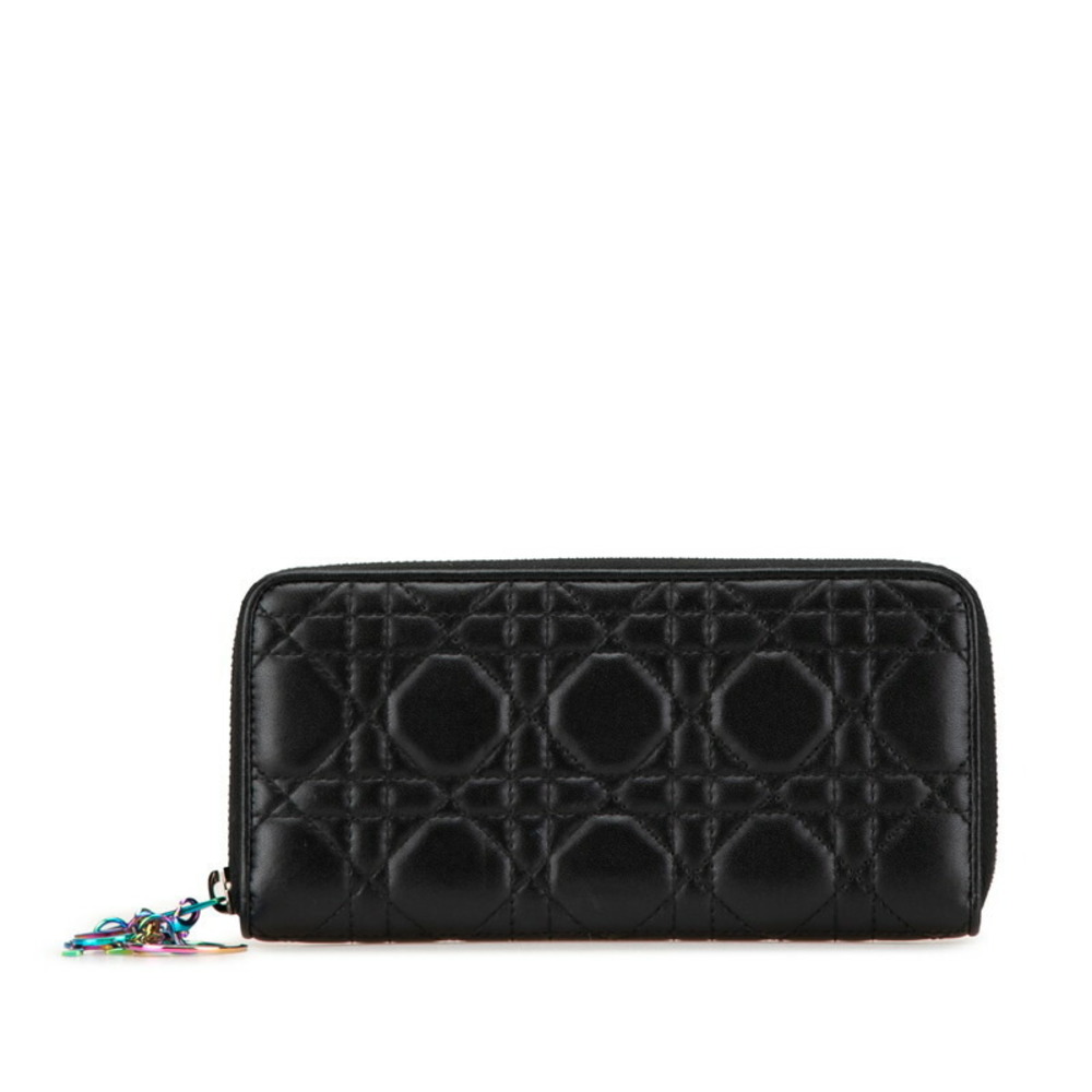 Dior Cannage Lady round zipper long wallet black Mutlicolor leather